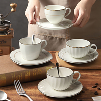 Tasse à café latte en porcelaine fine de 350 ml, grande tasse à thé et soucoupe avec bord doré.