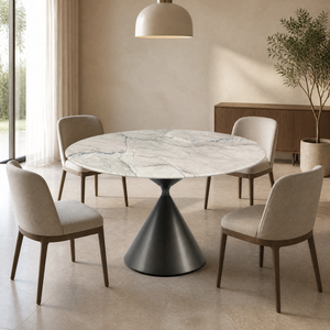 Table à manger ronde en quartzite naturel <span class=keywords><strong>Mont</strong></span> Blanc 1350 mm, 4 places, base en métal brillant, vente en gros pour salle à manger - Product Image 3