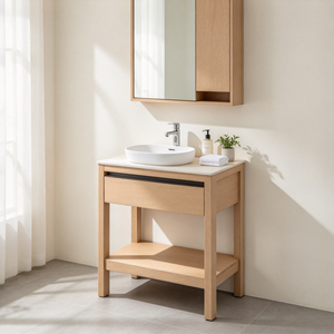 Mueble de Baño de Madera Natural Estilo Rústico con Lavabo Doble y Estante Abierto - Product Image 2
