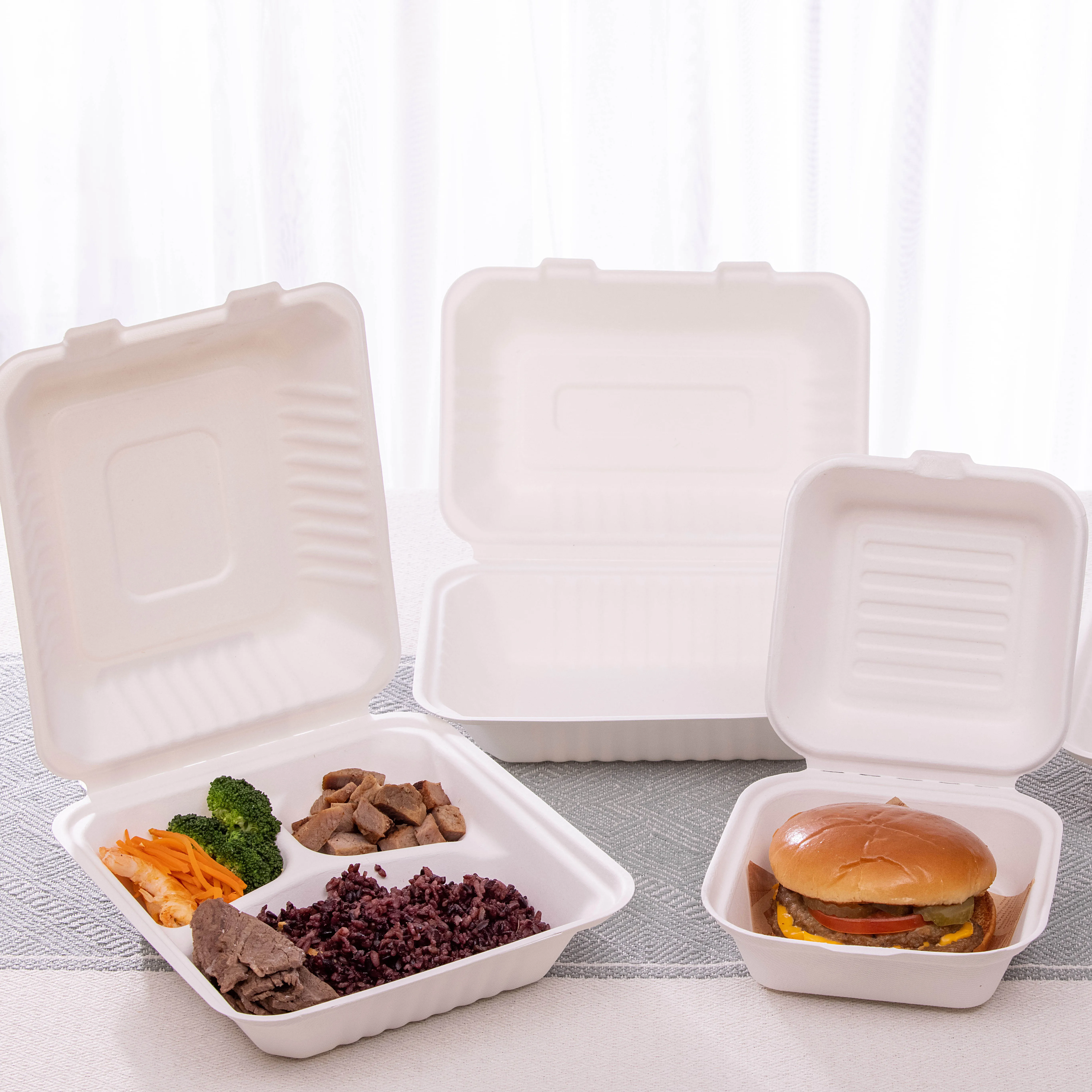 OEM Degradable Sugarcane Take-Out 3 Compartment Food Container 8 X 8 inches Box with Lock Disposable food packaging boxes