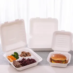 Recipiente para alimentos com 3 compartimentos, recipiente de cana-de-açúcar degradável OEM, caixa de 8 x 8 polegadas com trava, caixas descartáveis para embalagens de alimentos