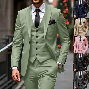 Traje Formal de 3 Piezas para <span class=keywords><strong>Hombre</strong></span>, Dos Botones, Color Sólido, Corte Entallado, Blazer con Solapa de Pico, Chaleco y Pantalones, Varios Colores - Product Image 1