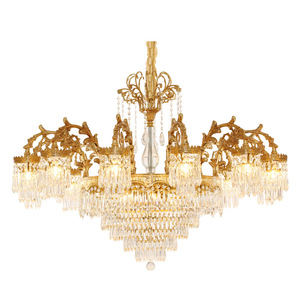 Lustre en cristal finition or, base d'ampoule E26, LED blanc chaud 3500K, hauteur réglable, intensité variable, grand luminaire suspendu pour salon - Product Image 1