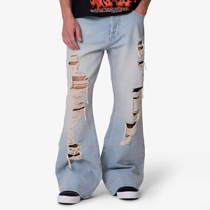 Custom 13 oz 100% Cotton Casual Mid Waist Spring Autumn Woven Baggy Pants Wide Flared Leg Distressed Flare Mens <b>Denim</b> Jeans - Product Image 3