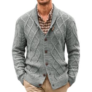 2025 Men's Plaid <b>Cable</b> <b>Knit</b> Cardigan <b>Sweater</b> with Shawl Collar Casual Button Down Twisted Design for Fall Winter ODM Supply - Product Image 4