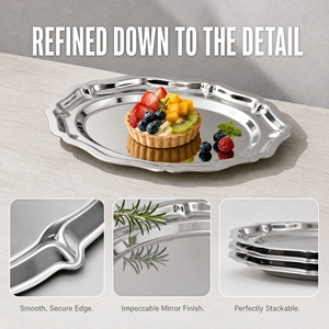 Assiette à dessert ovale réutilisable en acier inoxydable, bord festonné, motif dentelle, pour le thé de l'après-midi, les réceptions de mariage, la <span class=keywords><strong>vaisselle</strong></span> de table - Product Image 4