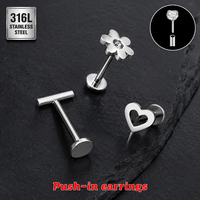 Boucles d'oreilles push-in sans filetage en acier inoxydable chirurgical 316L CRYSPURE, avec zircon cubique, motif papillon et cœur, pour piercing corporel au cartilage