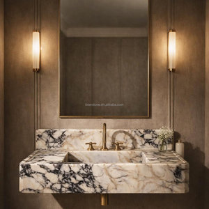 Lavabo da <span class=keywords><strong>Bagno</strong></span> Moderno in Marmo Calacatta Viola Scanalato con Alzatina Integrata per Interni di Lusso - Product Image 2