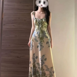 French Style Tie Dye Sundress Women Summer Beach Vacation Dress Fitted Waist Backless A Line Maxi <b>Skirt</b> Square Collar Printed - Product Image 1