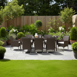 Ensemble de salle à manger d'extérieur en rotin brun 8 places, résistant aux intempéries, avec structure métallique, mobilier de jardin contemporain - Product Image 2