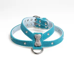 Bone crystal cat harness and leash set dog leads K type velvet PU harnesses pet products wholesale