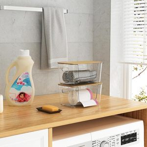 Rõ ràng Stackable nhựa lưu trữ <span class=keywords><strong>container</strong></span> mở phía trước thùng với tre có nắp đậy cho Thùng rác túi thực phẩm nhu yếu phẩm hàng ngày lưu trữ - Product Image 3