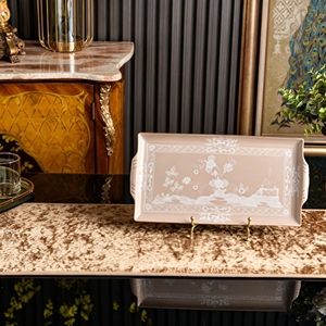 Oval Beige <b>Ceramic</b> Platter With Floral Engraving Gold Rim Modern Luxury Dinnerware Decorative Serving Tray - Product Image 4