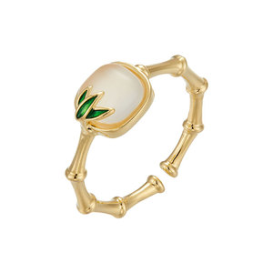 New Chinese Style Bamboo Joint Open Ring White Agate Bezel Setting Retro Index Finger Ring Gift For Women - Product Image 5