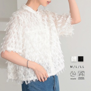 Blus Wanita Putih Berumbai Setengah Kancing Lengan Pendek Longgar Bertekstur Atasan Tunik Kasual Musim Panas Pakaian Sehari-hari Kemeja Wanita - Product Image 1