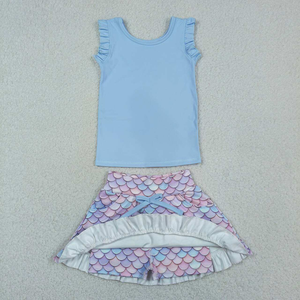 Ready to Ship Longlv Little Girls Yoga Active Blue Vest Pattern Pocket Short Skirt Daily Set Spandex/Polyester Eco-Friendly - Product Image 2