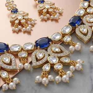 Luxury 925 Silver Sapphire Pearl <b>Necklace</b> Set Designer Bridal Jewelry Traditional Earrings for Classic Beaded Strand Design - Product Image 4