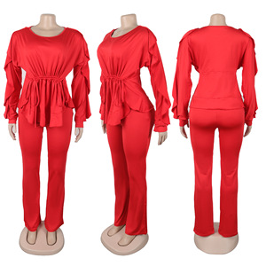 Conjunto de 2 Piezas para Mujer, Elegante, Elástico, con Cordón Ajustable, Manga Larga, Cintura Definida, Top y Pantalones, a la Moda - Product Image 6