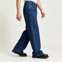 Jean en denim bleu foncé pour homme Amber Stitch, coupe ample à jambe large, cinq poches, passants de ceinture, rivets, pour usage quotidien
