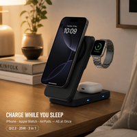 Station de charge 3 en 1 avec ventilateur de refroidissement, chargeur sans fil pliable pour iPhone 12-18, AirPods, Apple Watch, Samsung Watch