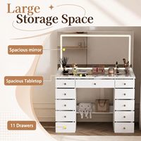 Coiffeuse moderne autoportante blanche avec miroir LED, 11 tiroirs, plateau en verre trempé et éclairage réglable 3 couleurs
