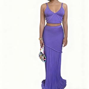 Women's New Arrival V-Neck Spaghetti Strap <b>Top</b> & Pleated Long <b>Patchwork</b> Skirt Knit Casual 2-Piece Set Fashion - Product Image 5