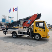 Véhicule de travail aérien à quatre vérins hydrauliques bidirectionnels, avec larges étriers de soutien, portée de 33 m, hauteur maximale de 33 m pour la maintenance des ponts