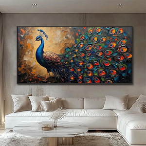 Grande <span class=keywords><strong>Peinture</strong></span> Murale Décorative Faite à la Main sur Toile, Oiseau Coloré Texturé, Art Déco Animal <span class=keywords><strong>Paon</strong></span> pour Salon - Product Image 1