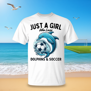 Camiseta promocional para mujer Just a Girl para chicas que aman los delfines y el fútbol - Product Image 3