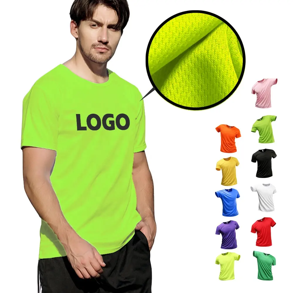 Camiseta deportiva de secado rápido para hombre, camisa masculina de cuello redondo con logo personalizado 100% poliéster, venta al por mayor
