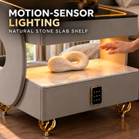 HANYEE Nouvelle table de chevet intelligente moderne avec charge sans fil, lumières LED 3 couleurs, éclairage d'étagère à détecteur de mouvement et tiroir à verrouillage par mot de passe