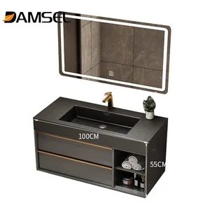 2022 New Design Marble Counter Top with Integrated Sink Bathroom Furniture with Lighting Mirror and Single Sink