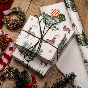 Deer and Pine Tree <b>Pattern</b> Gift Wrapping <b>Paper</b> Double-Sided Art <b>Paper</b> for Holiday Packaging Eco-Friendly Roll Style - Product Image 1