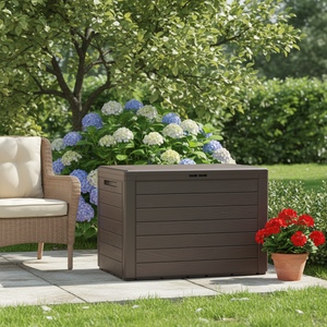 Cassapanca da giardino Prosperplast Woodebox da 190 litri in plastica color ocra scuro, 78 x 43,3 x 55 cm - Product Image 3