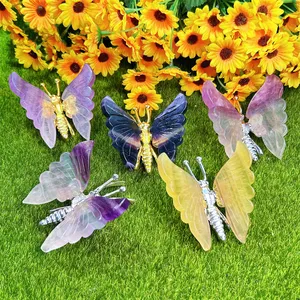 Popular Natural Product Crystal Crafts Handmade Silver Metal Carved Rainbow Fluorite Butterfly For Gift Decoration