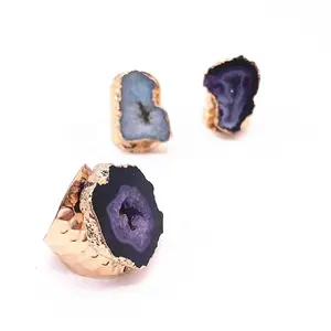 Druzy Geode Agate Ring With Gold Plated Multi Color Druzy Ring