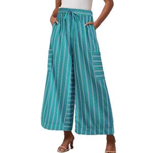 Pantalones de pierna recta a rayas de verano 2025, pantalones informales de playa de pierna ancha con cordón para mujer, superventas, transpirables - Product Image 5