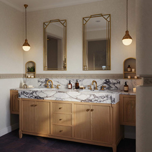 Meuble de salle de bain sur mesure en marbre blanc avec vasque, plan de toilette en pierre naturelle et meuble en bois de chêne - Product Image 1