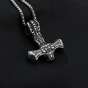 Men's Stainless Steel Viking Thor Hammer Pendant Necklace Retro <b>Cross</b> Design Asymmetry Geometric Jewelry For Clothing Matching - Product Image 2