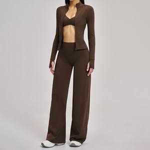 YIYI Ensemble de sport 3 pièces pour <span class=keywords><strong>femme</strong></span>, col montant, coupe ajustée, pour fitness et yoga, avec pantalon évasé taille haute effet push-up et veste - Product Image 5