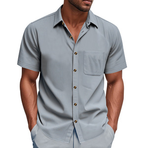 Chemise d'été pour homme transfrontalière à manches courtes, couleur unie, respirante, décontractée, col tissé, grande taille - Product Image 5