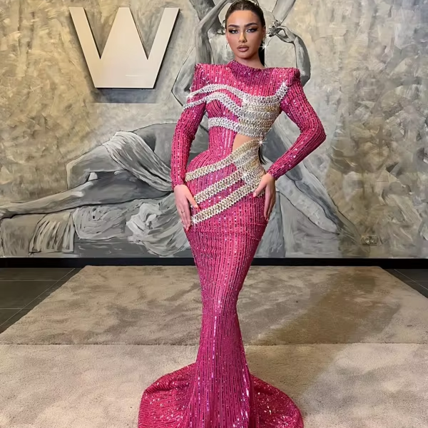 Verified Supplier Long Pink Glitter Dress Elegant Design With Rhinestones |  Alibaba.com