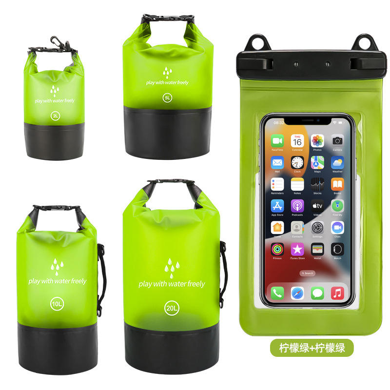 Seau étanche en PVC enduit + pochette téléphone en PVC givré semi-transparent à double crochet = combinaison vert citron + vert citron.