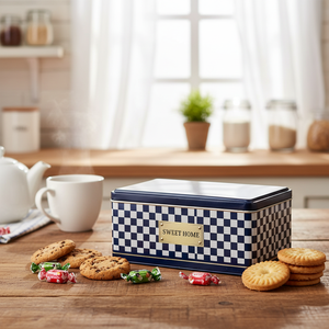 Caja de Almacenamiento Metálica Rectangular Kontensan de 140x240x100 mm, 3.1L, Diseño de Tablero de Ajedrez, Grado Alimenticio, Reciclable, con Logotipo en Relieve, para Galletas y Dulces - Product Image 3