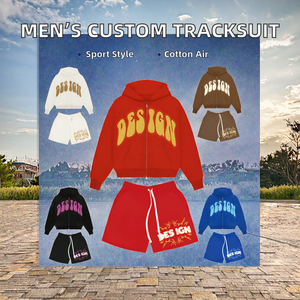 Custom Logo Summer Sports Tracksuits for Men Double Zip Hoodie & Shorts <b>Set</b> Breathable 100% Cotton 2-Piece Joggers - Product Image 2