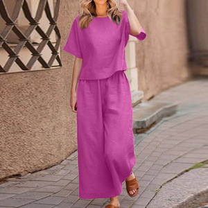 En stock – Nouveauté été 2026 : Ensemble deux pièces femme en coton et lin, t-shirt à manches courtes et pantalon large – Vente en gros - Product Image 1