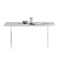 Table à manger moderne en pierre frittée à motif Calacatta avec piétement incurvé en acier inoxydable 316