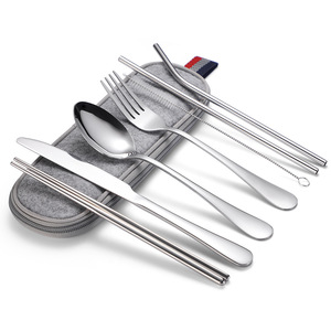 304 Stainless 7pc Titanium-Plated <b>Set</b>, Straw/Knife/Fork/Spoon/Chopsticks, Outdoor Portable - Product Image 5