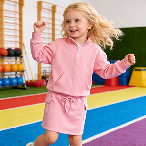 ชุดเสื้อสเวตเชิ้ตครึ่งซิปสีชมพูสำหรับแม่และลูก พร้อมกระโปรงและกางเกงขาสั้น - Product Image 3