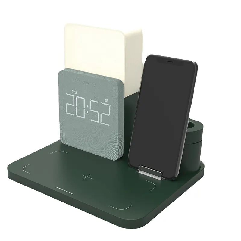 Desktop Led Night Light Clock Alarm 6 in 1 Mobile Phone 15W Qi Fast Charging Wireless Charger Holder Station Dock